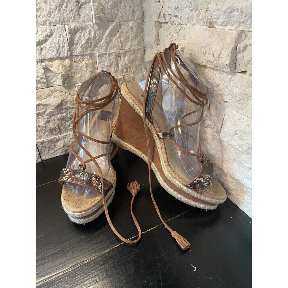 White House Black Market Sz 8.5 Brown suede snake Strap Wedge sandals women's